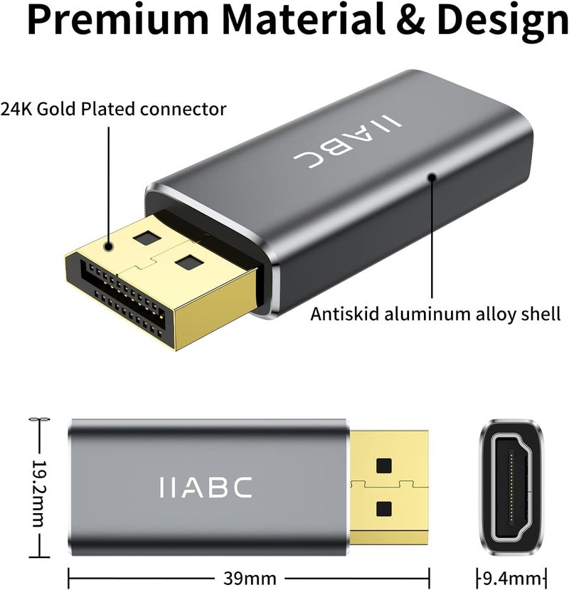 IIABC Displayport to HDMI Adapter 2-Pack 4K 24K Gold Plated Displayport DP to HDMI Female Converter，Uni-Directional Display Port to HDMI Converter Compatible for Lenovo, HP, Dell &More- Grey - Image 5